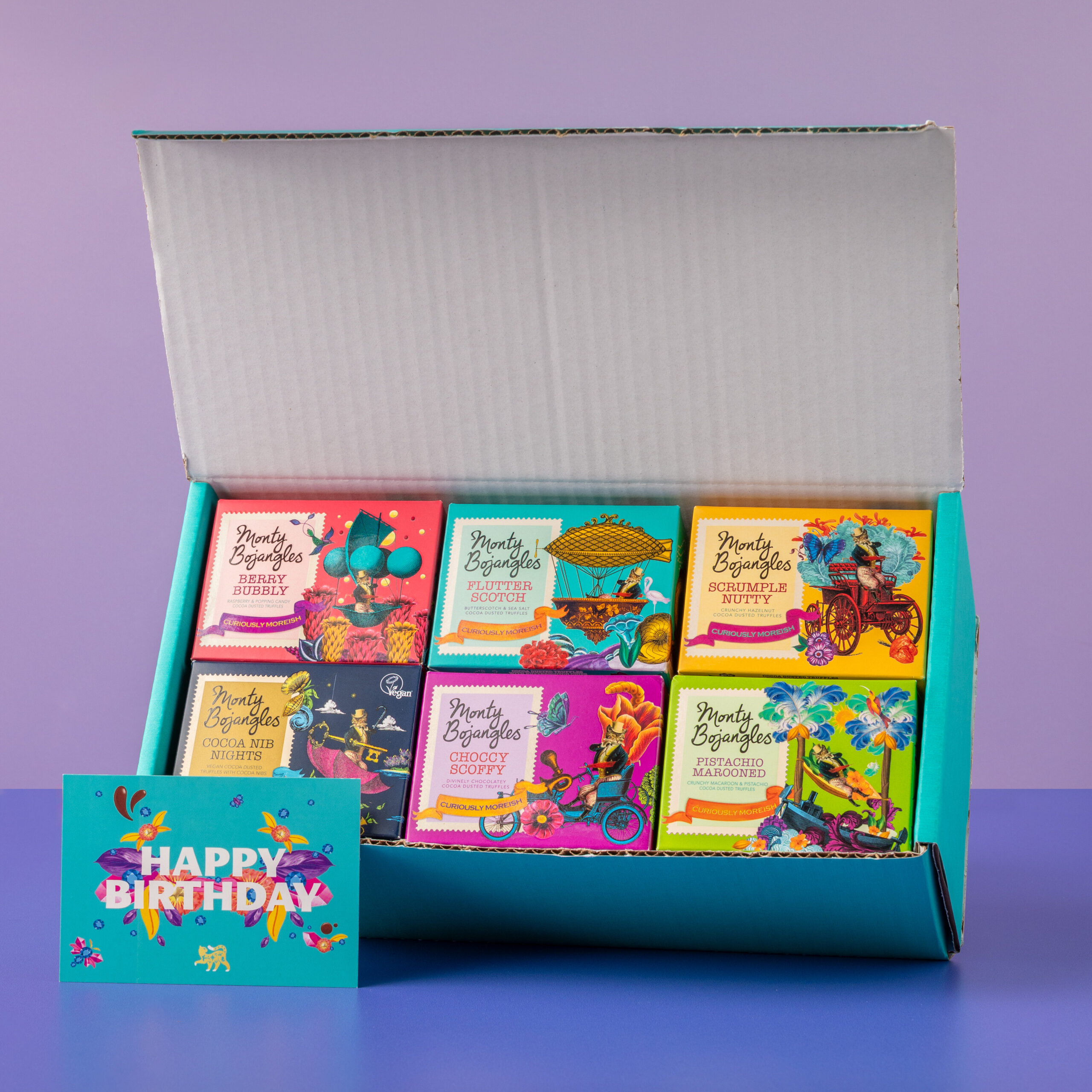 Monty Bojangles truffle gift boxes and chocolatey truffle bundles displayed in colourful packaging