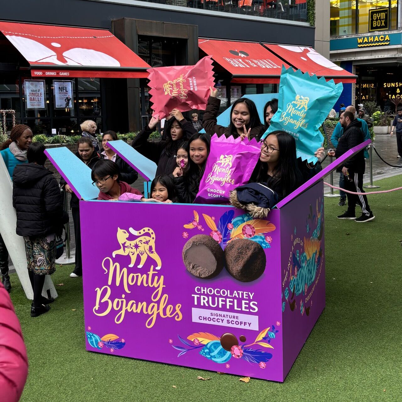 Monty Bojangles pop-up stand at Westfield Stratford with truffle sampling display.
