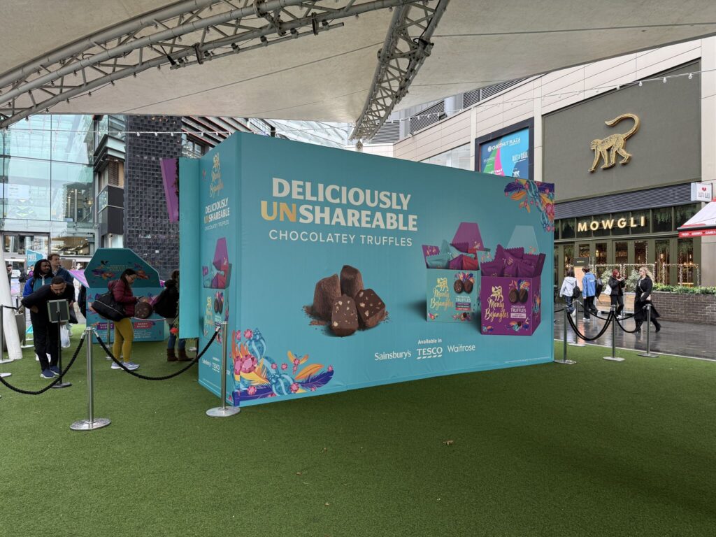 Monty Bojangles pop-up stand at Westfield Stratford with truffle sampling display.