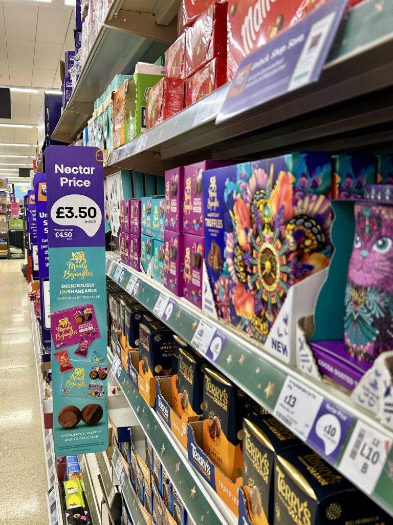Monty Bojangles Christmas Aisle Fin displayed in Sainsbury’s confectionery aisle.