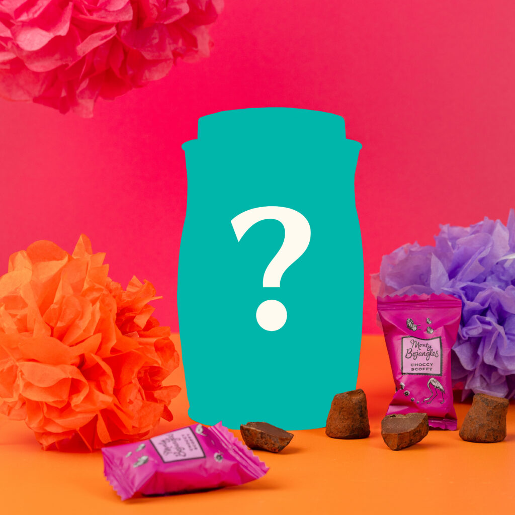 Blurred Monty Bojangles chocolate tin with a question mark, teasing a new Valentine’s product launch.
